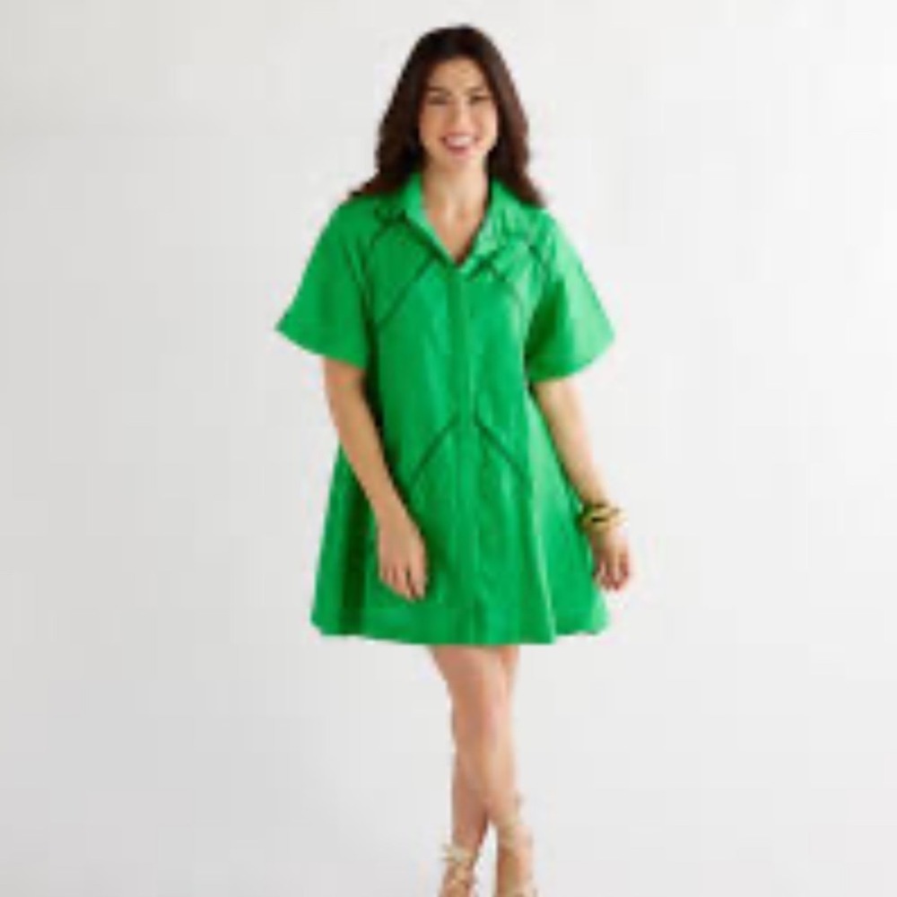 Caryn Lawn Kelly Green Sara Linen Mini Dress Short Sleeve Ladder  Lined L S M